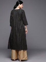 Women Black & Gold-Toned Striped Pleated Pure Cotton Kurta - Inddus.com