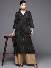 Women Black & Gold-Toned Striped Pleated Pure Cotton Kurta - Inddus.com