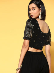 Women Black & Golden Sequinned Velvet Stretchable Blouse - Inddus.com