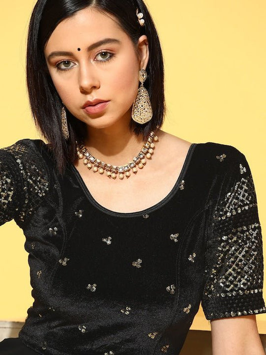 Women Black & Golden Sequinned Velvet Stretchable Blouse - Inddus.com