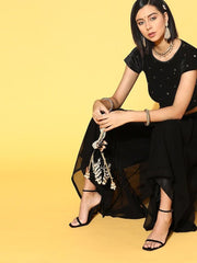 Women Black & Golden Sequinned Velvet Stretchable Blouse - Inddus.com