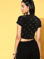 Women Black & Golden Sequinned Velvet Stretchable Blouse - Inddus.com