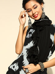 Women Black & Grey Tie and Dye Kurta with Palazzo & Ruffled Dupatta - Inddus.com