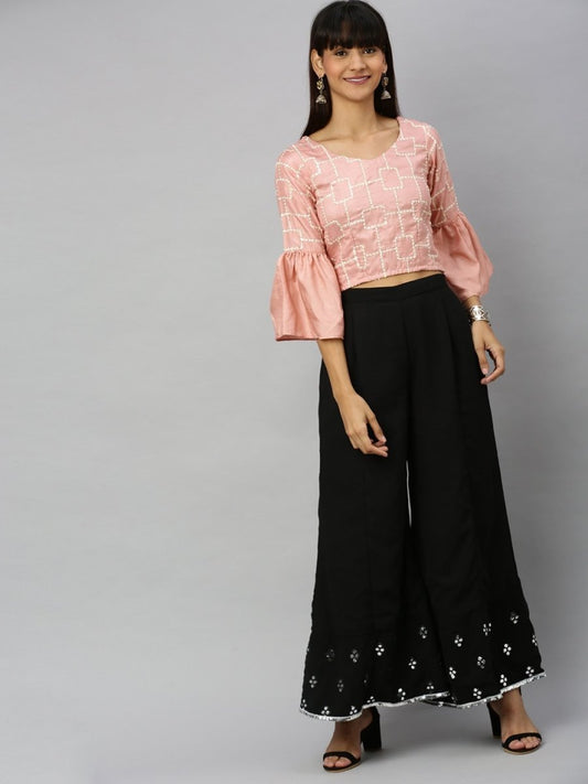 Women Black Hem Design Flared Palazzos with Mirror Work - Inddus.com