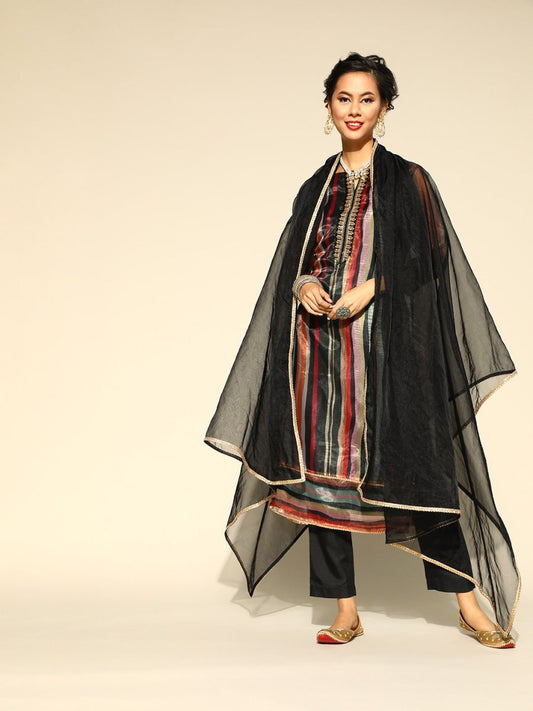 Women Black & Maroon Striped Sequined Kurta with Trousers & Dupatta - Inddus.com