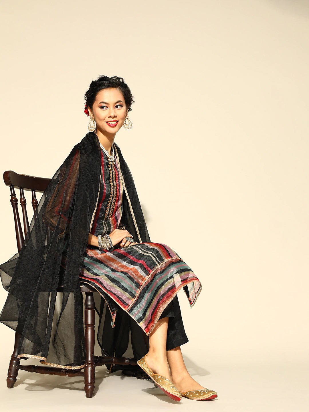 Women Black & Maroon Striped Sequined Kurta with Trousers & Dupatta - Inddus.com