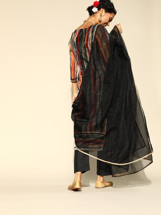 Women Black & Maroon Striped Sequined Kurta with Trousers & Dupatta - Inddus.com