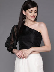 Women Black One-Shoulder Solid Crop Top - Inddus.com