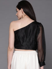 Women Black One-Shoulder Solid Crop Top - Inddus.com