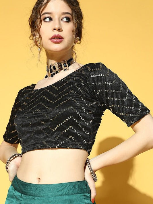 Women Black Sequinned Stretchable Blouse - Inddus.com