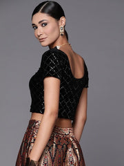 Women Black Sequinned Velvet Stretchable Blouse - Inddus.com