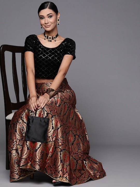 Women Black Sequinned Velvet Stretchable Blouse - Inddus.com