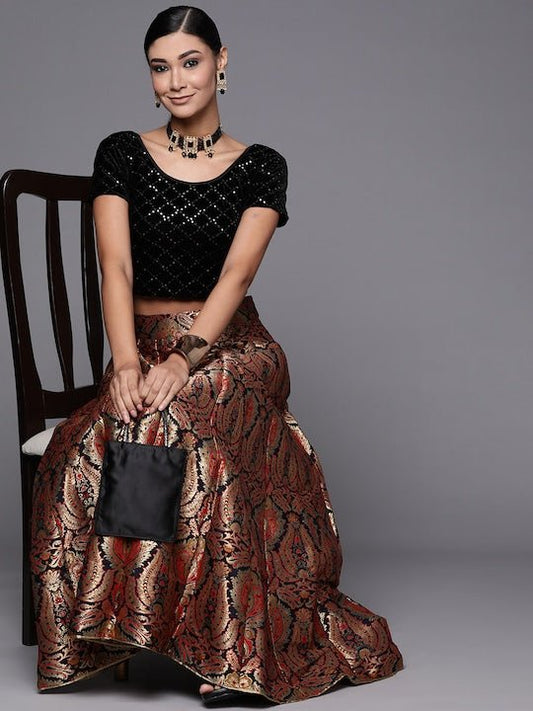 Women Black Sequinned Velvet Stretchable Blouse - Inddus.com