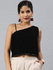 Women Black Solid Velvet Crop Top With Sequinned Detail - inddus-us