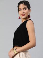 Women Black Solid Velvet Crop Top With Sequinned Detail - inddus-us