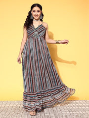 Women Black Striped Vacay Attire - Inddus.com