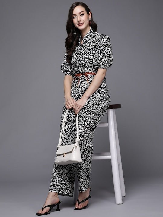 Women Black & White Floral Printed Shirt & Palazzo With Belt - Inddus.com