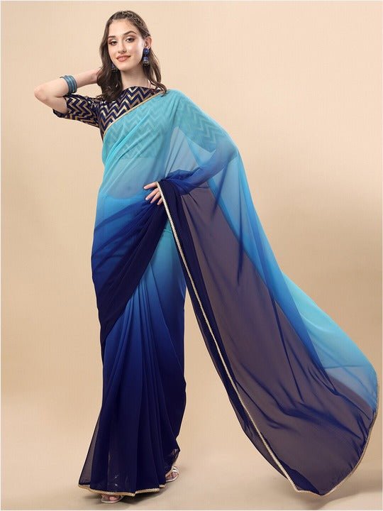 Women Blue & Black Colourblocked Embellished Saree - Inddus.com