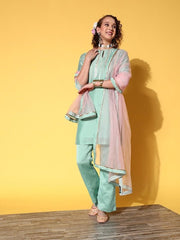Women Blue Embroidered Sequinned Kurta with Trousers & With Dupatta - Inddus.com
