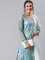 Women Blue Embroidered Straight Cut Suit - Inddus.com