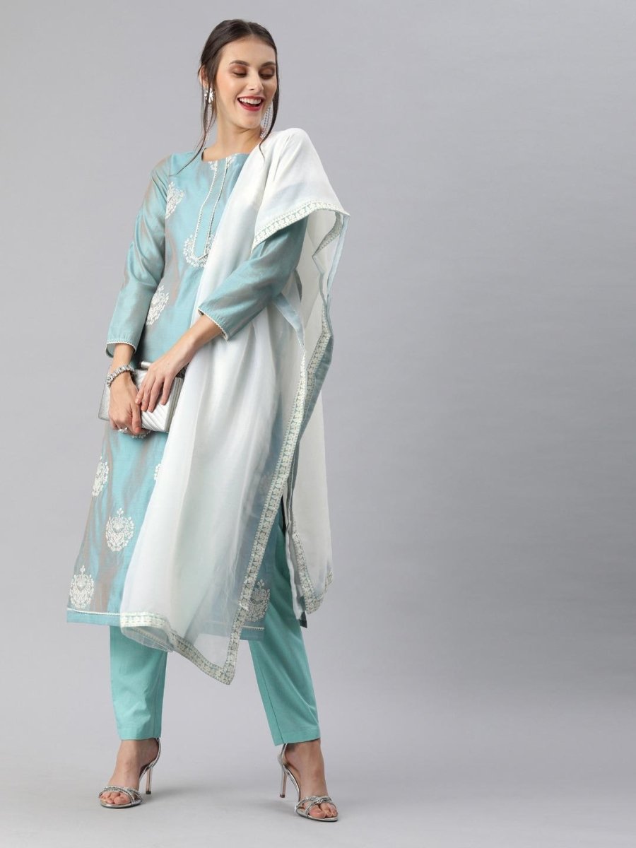 Women Blue Embroidered Straight Cut Suit - Inddus.com