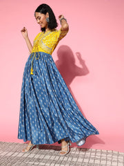 Women Blue Ethnic Motifs Ethereal Embroidery Dress - Inddus.com