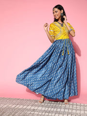 Women Blue Ethnic Motifs Ethereal Embroidery Dress - Inddus.com