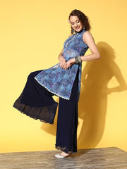 Women Blue Floral Printed Beads and Stones Kurta with Palazzos - Inddus.com
