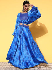 Women Blue Floral Printed Embellished Yoke Design Top Skirt - Inddus.com