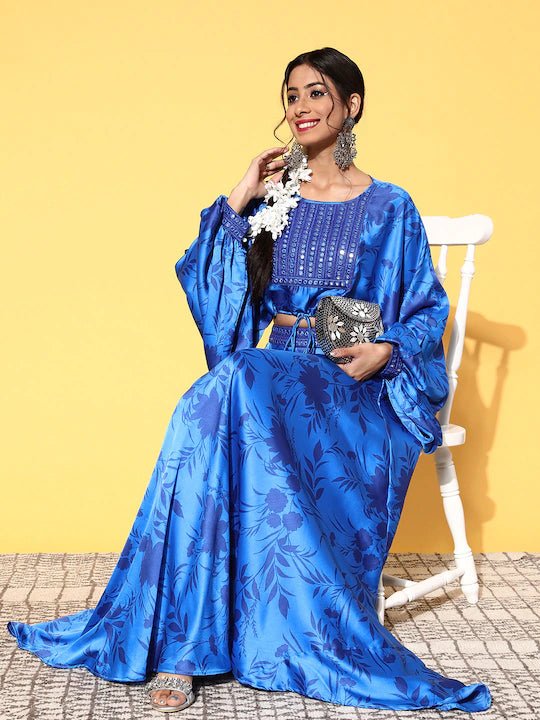 Women Blue Floral Printed Embellished Yoke Design Top Skirt - Inddus.com