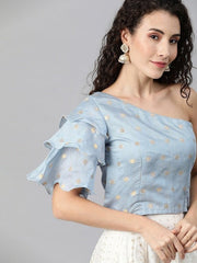 Women Blue & Golden Woven Design Ethnic One Shoulder Crop Top - Inddus.com