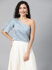 Women Blue & Golden Woven Design Ethnic One Shoulder Crop Top - Inddus.com