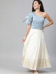 Women Blue & Golden Woven Design Ethnic One Shoulder Crop Top - Inddus.com