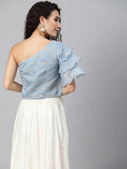 Women Blue & Golden Woven Design Ethnic One Shoulder Crop Top - Inddus.com