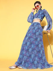 Women Blue Printed Top with Skirt - Inddus.com