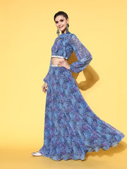 Women Blue Printed Top with Skirt - Inddus.com