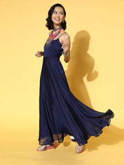 Women Blue Solid Kurta with Shibori Prin Dupatta - Inddus.com