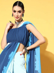 WOMEN BLUE & WHITE ACCORDIAN PLEAT PRINTED SAREE WITH BLOUSE PIECE - Inddus.com