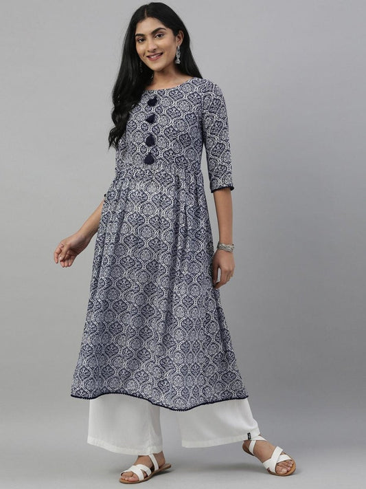 Women Blue & White Printed A-Line Kurta - Inddus.com