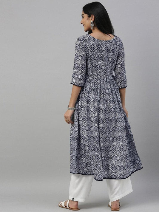 Women Blue & White Printed A-Line Kurta - Inddus.com