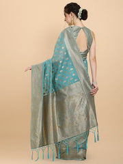 Women Blue Woven Design Chanderi Cotton Saree with Blouse Piece - Inddus.com
