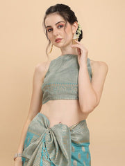 Women Blue Woven Design Chanderi Cotton Saree with Blouse Piece - Inddus.com