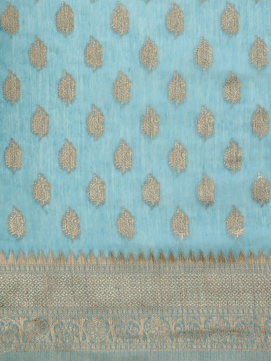 Women Blue Woven Design Chanderi Cotton Saree with Blouse Piece - Inddus.com