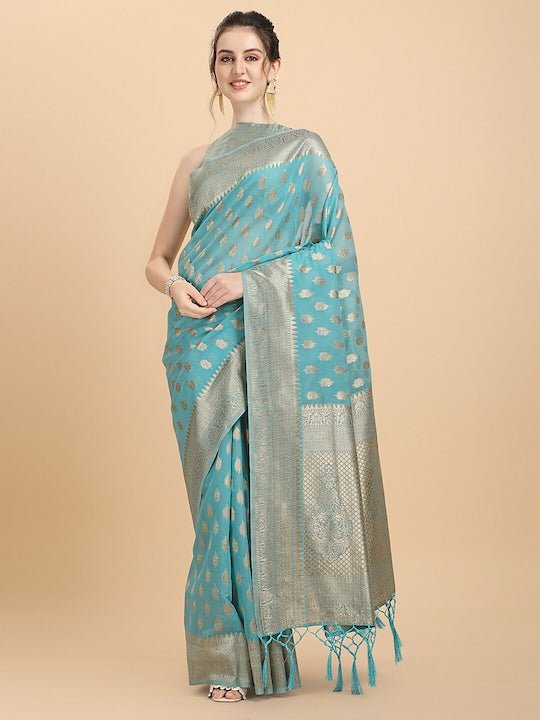 Women Blue Woven Design Chanderi Cotton Saree with Blouse Piece - Inddus.com