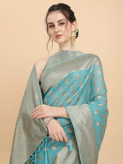 Women Blue Woven Design Chanderi Cotton Saree with Blouse Piece - Inddus.com