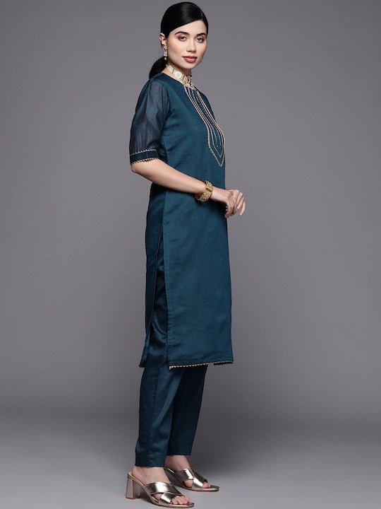 Women Blue Yoke Design Gotta Patti Chanderi Cotton Kurta with Trousers & With Dupatta - Inddus.com