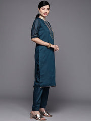 Women Blue Yoke Design Gotta Patti Chanderi Cotton Kurta with Trousers & With Dupatta - Inddus.com
