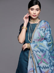 Women Blue Yoke Design Gotta Patti Chanderi Cotton Kurta with Trousers & With Dupatta - Inddus.com