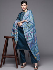 Women Blue Yoke Design Gotta Patti Chanderi Cotton Kurta with Trousers & With Dupatta - Inddus.com