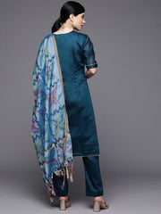 Women Blue Yoke Design Gotta Patti Chanderi Cotton Kurta with Trousers & With Dupatta - Inddus.com